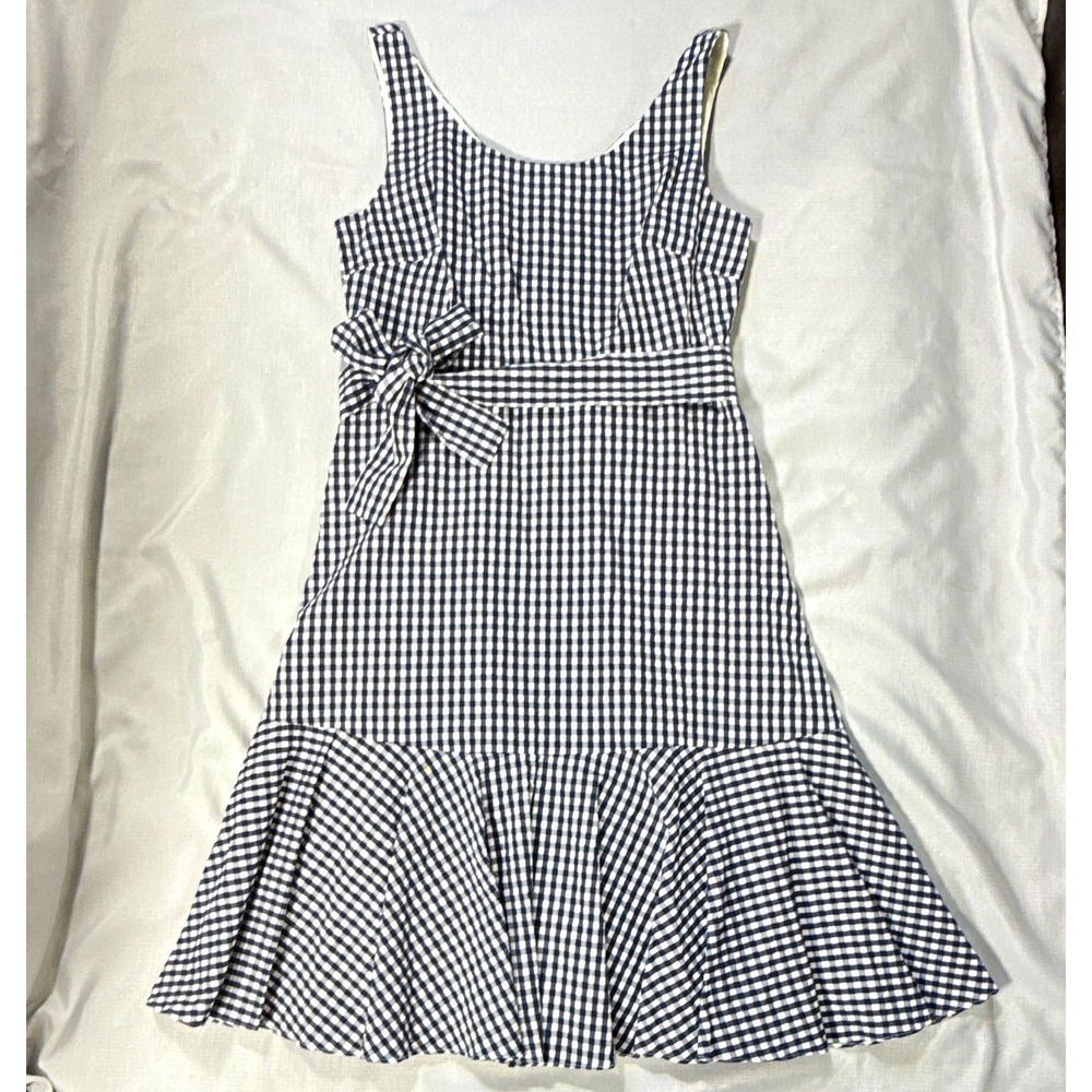 J.CREW Blue/White Gingham Fit & Flare Bow Ruffle Scoop Neck Dress 10